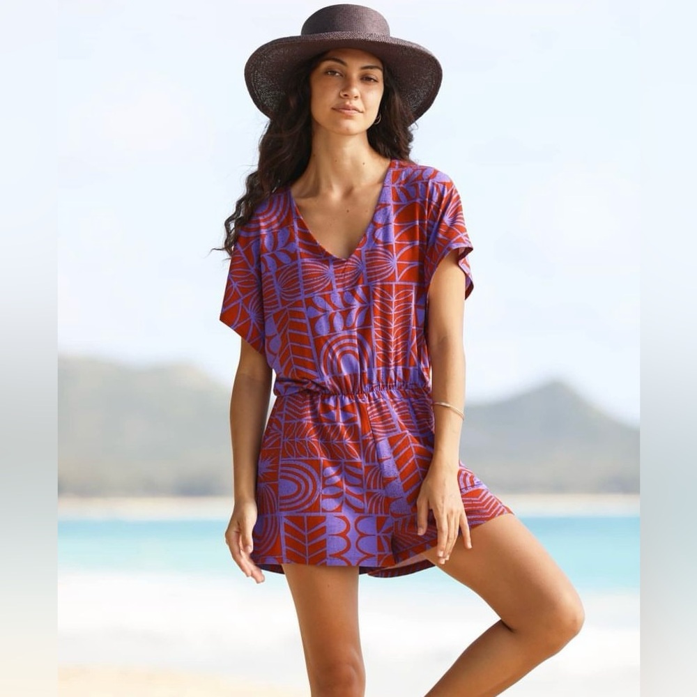 Fighting Eel Romper Tiffany Vintage Block Print XS